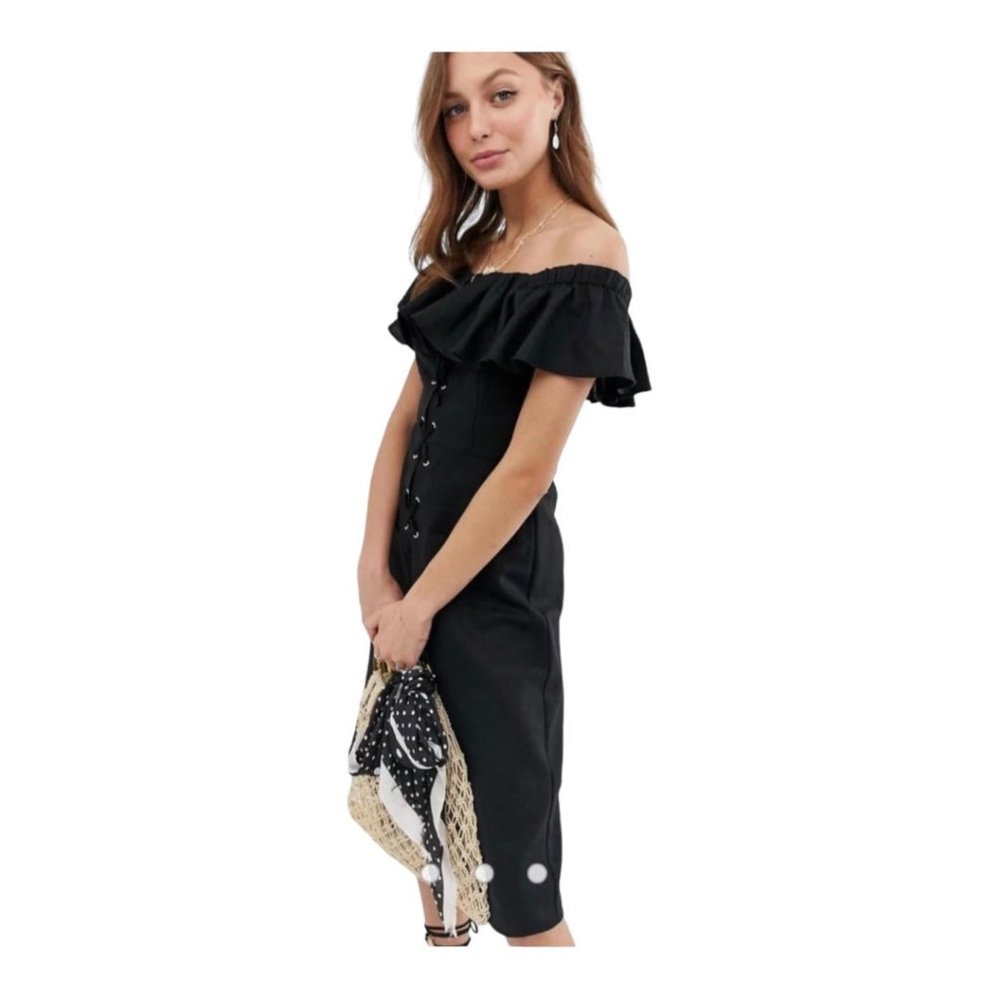 ASOS Size 2 Black On Off Shoulder Lace Up Detail Linen Blend Dress - Picture 2 of 9